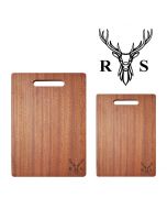 Personalised wood chopping boards with stag head design and two initials engraved.