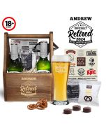 Personalised retirement gift beer caddy box sets.