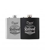 Retirement gift hip flasks with a fun personalised design.
