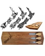 Rimu wood cheese board gift sets engraved with Kiwiana NZ island designs