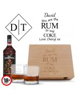 Personalised wood gift box with rum and customised tumblers 