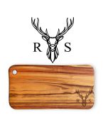 Solid wood chopping board engraved with a stag's head design and two initials