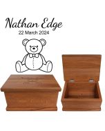 New Zealand Rimu wood keepsake boxes engraved with a personalised teddy bear themed design.