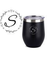Stainless steel thermal cups engraved with initial and love heart boarder