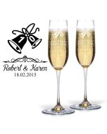 Personalised wedding anniversary crystal Champagne flutes with wedding bells.