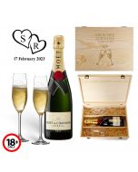 Mr and Mrs Champagne box set with personalised Champagne glasses and a bottle of Moet.