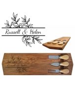 Rimu cheese board engraved with leafy design and couple's names