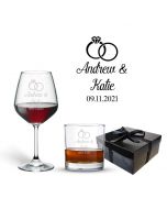 Wedding and anniversary gift wine glass and tumbler gift set with personalised ring design.
