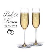 Personalised crystal Champagne flutes with wedding ring design.