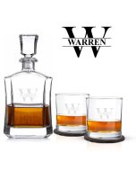Personalised crystal decanter gift sets with engraved initial and name through the center