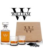 Wood box decanter gift set with engraved initial and name design.