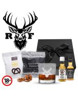 Jim Bean and Jack Daniels whiskey gift boxes with a personalised stag design tumbler glass and treats.