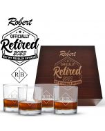 Personalised retirement gift whiskey glass box sets with four glasses.