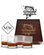 Personalised fishing themed whiskey glass box set with four tumbler glasses.