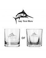 Whiskey glass with personalised Marlin fish design.