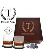 Luxury tumbler glasses box sets with engraved garland design and personalised tumbler glasses.