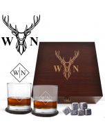 Personalised Stag design whiskey glasses box sets with two initials.