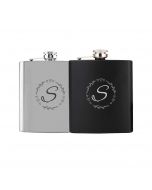 Hip flasks for women with initial and love heart wreath design engraved.