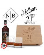 21st Birthday gift rum box sets with two glasses and a bottle of rum.