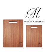 Solid hardwood chopping board with initial and name engraved in the corner.