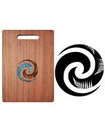 Wood chopping board with Kiwiana Koru and ferns design with engraved Paua shell