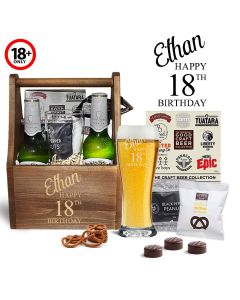 Personalised 18th birthday beer and treat gift sets.