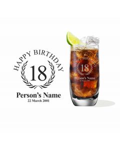 Crystal highball cocktail glasses with personalised happy 18th birthday design.