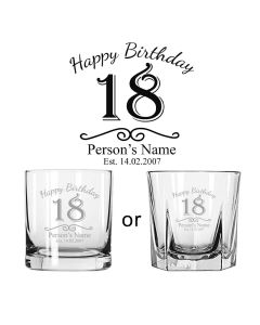 Happy birthday gift 18th birthday whiskey glasses with a personalised design.