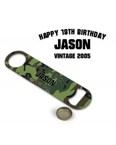 Personalised camouflage bottle openers for 18th birthday gifts.