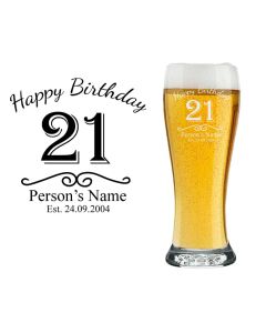 21st birthday personalised beer glass with name, age and date engraved.