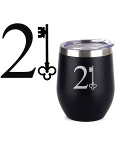 Engraved stainless steel thermal tumbler cups with 21st birthday key design.