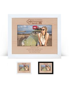 Personalised wood photo frames with 21st birthday key engraved design.
