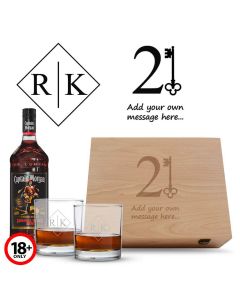 Personalised 21st birthday wooden gift box with rum and tumbler glasses.