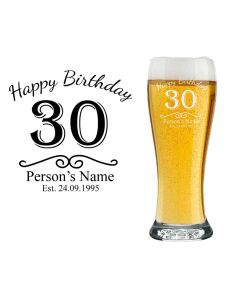 30th birthday personalised beer glass with name, age and date engraved.