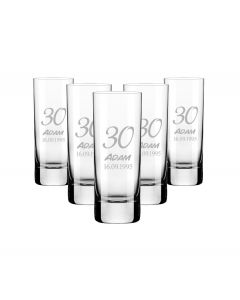 30th birthday shot glasses with a personalised name and date design.