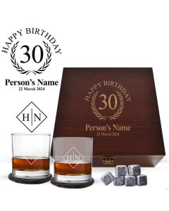 Luxury 30th birthday gift Whiskey glasses and chilling stone gift boxes.