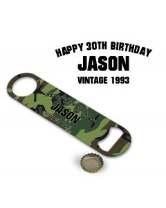 Personalised camouflage bottle openers for 30th birthday gifts.