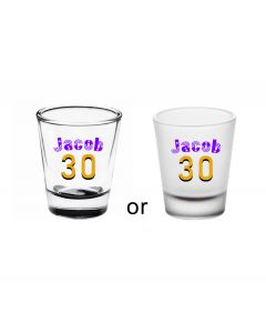 Personalised shot glasses with a colourful 30th birthday design.