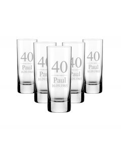 40th birthday shot glasses with personalised name and date design.