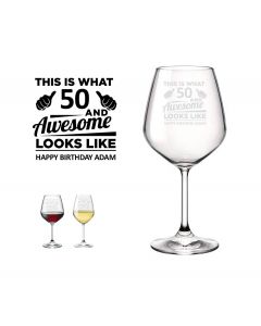 Personalised wine glasses with 50 and awesome design