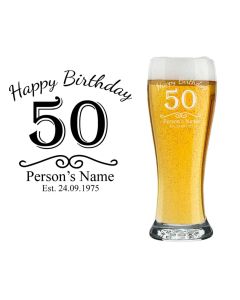 50th birthday personalised beer glass with name, age and date engraved.