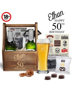 Personalised 50th birthday beer and treat gift sets.
