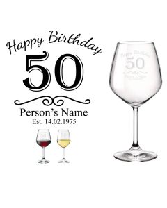 Crystal wine glasses with personalised happy 50th birthday design