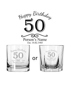 Personalised whiskey glasses with happy 50th birthday