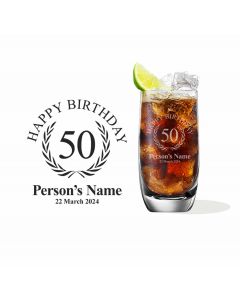Highball cocktail glasses with personalised happy 50th birthday design.