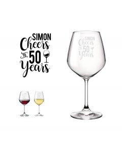 Personalised birthday gift wine glass with cheer to 50 years design.