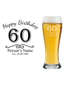 60th birthday personalised beer glass with name, age and date engraved.