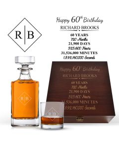 60th birthday gift decanter box sets with a personalised timeline design.