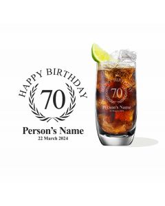 Crystal highball cocktail glasses with personalised happy 70th birthday design.