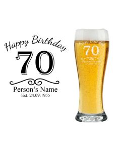 70th birthday personalised beer glass with name, age and date engraved.